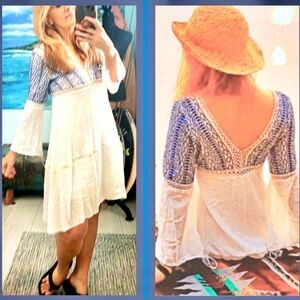 NWT, Mo Huan Yi Chen,Adorable Front/Back lace V-Neck  Dress,Blue/White,Size L